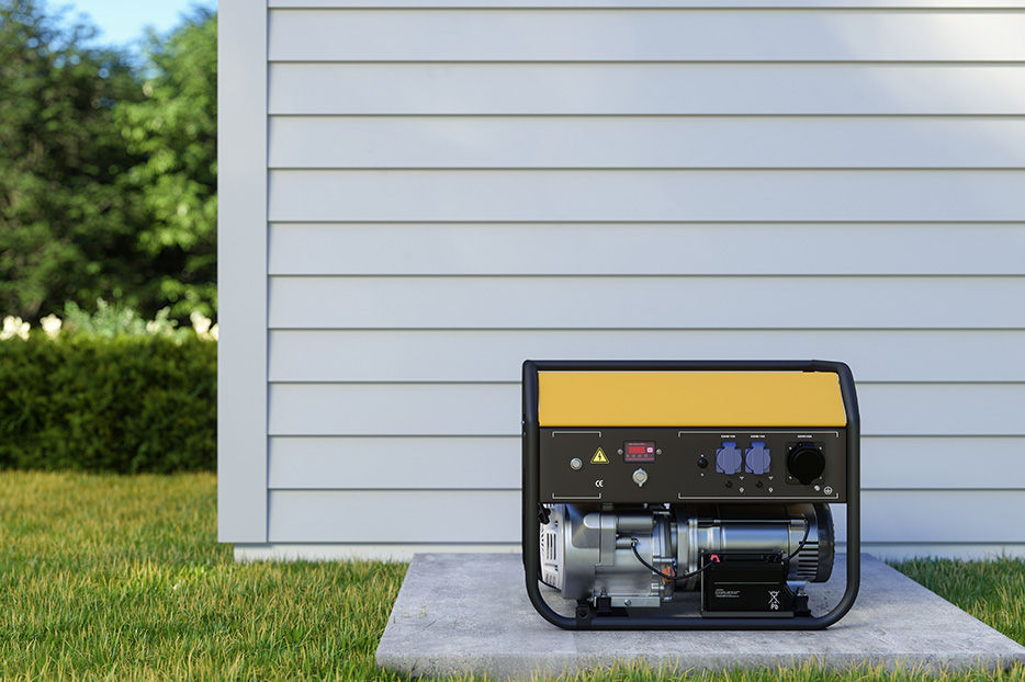 A home generator, sitting on a concrete pad by an exterior wall.