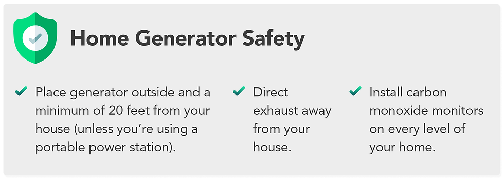 Home Generator Safety: Place generator outside and a minimum of 20 feet from your house, unless you're using a portable power station. Direct exhaust away from your house. Install carbon monoxide monitors on every level of your home.