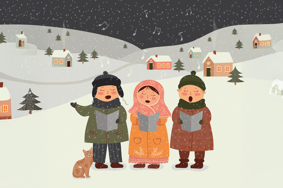 Cartoon Christmas carolers in the snow